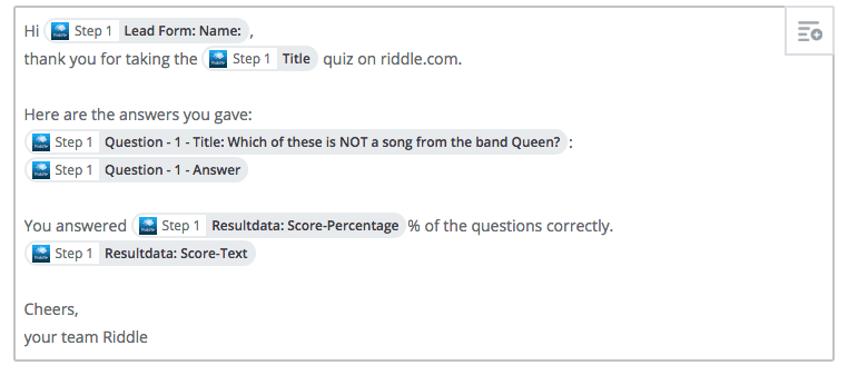 Email field setup for riddle email automation