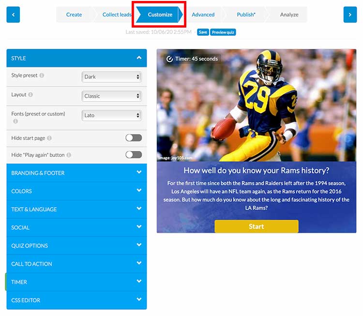 Quiz maker customize step