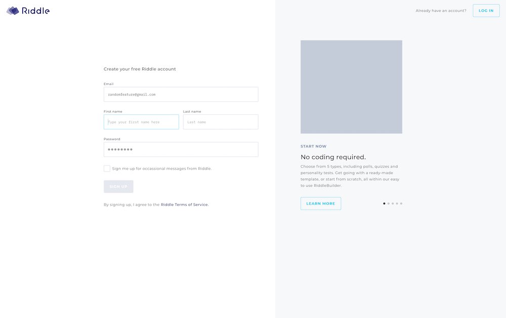 riddle 2.0 sign up screen