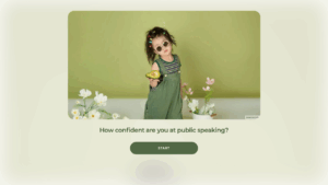 A young girl in green overalls wearing sunglasses and lots of hairclips, is standing in front of a green wall, holding an open avocado in her right hand. There are white and pale pink flowers either side of her. Underneath the picture the title reads "How confident are you at pubilsh speaking?" with a "Start" button.