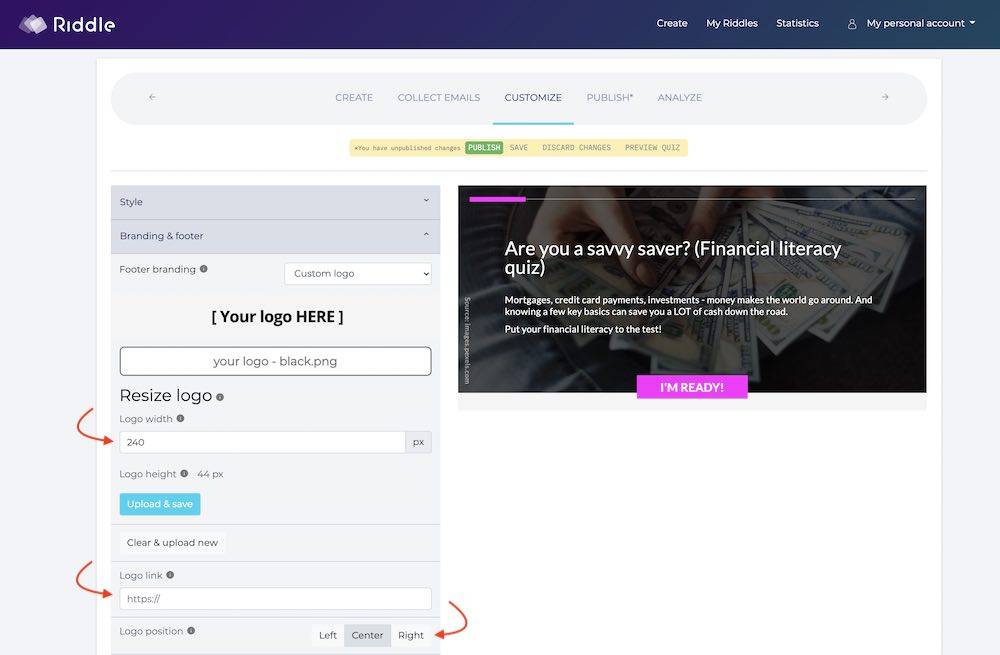 editing custom logo in online quiz maker