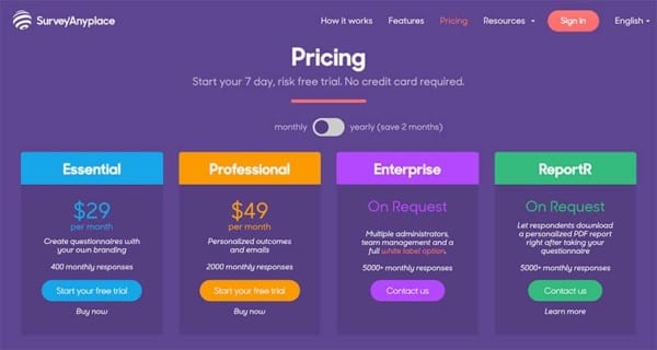 survey anyplace quiz maker pricing