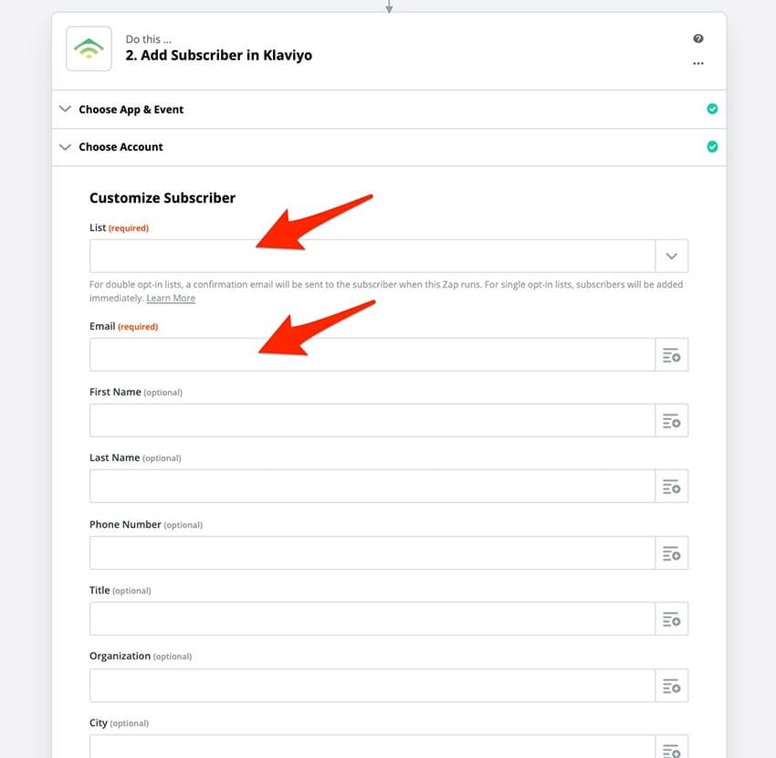 klaviyo options map Klaviyo fields in Zapier