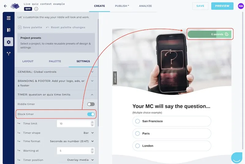 Add a question timer in a live online quiz contest