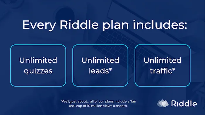 Riddle's quiz maker - pricing for all plans includes unlimited quizzes, traffic, and leads