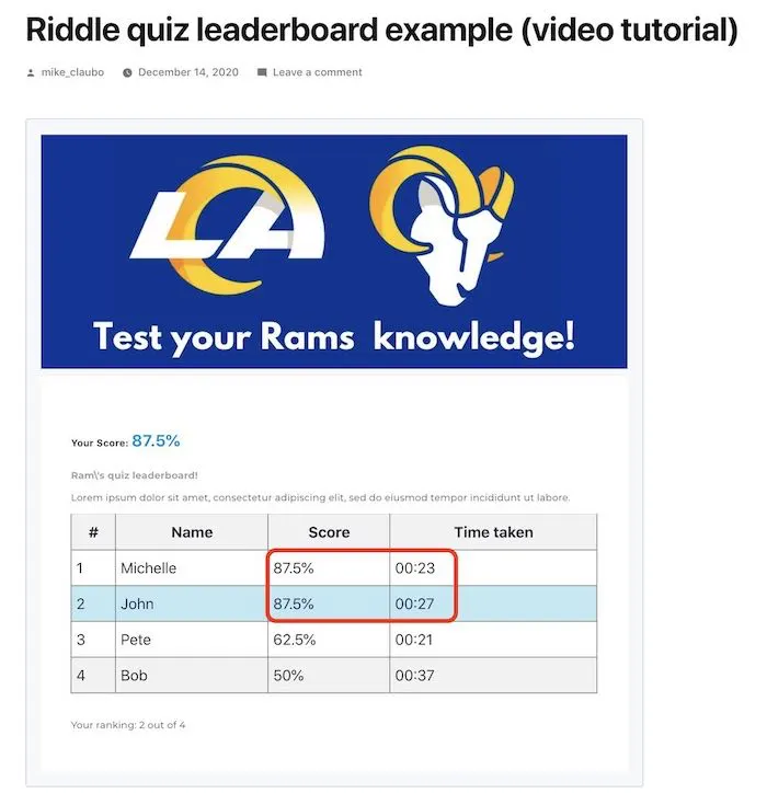 Add a leaderboard for your live online quiz contest