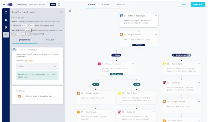 Riddle quizmaker with advanced branching logic