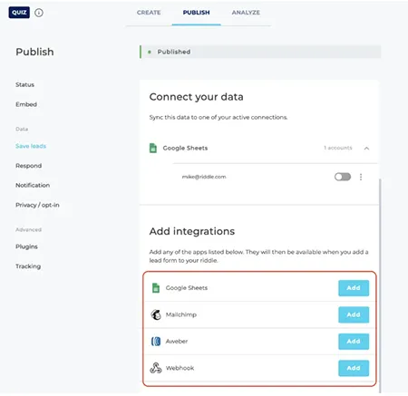 Riddle quizmaker's native integrations (Google, MailChimp, Active Campaign, AWeber, Webhook)