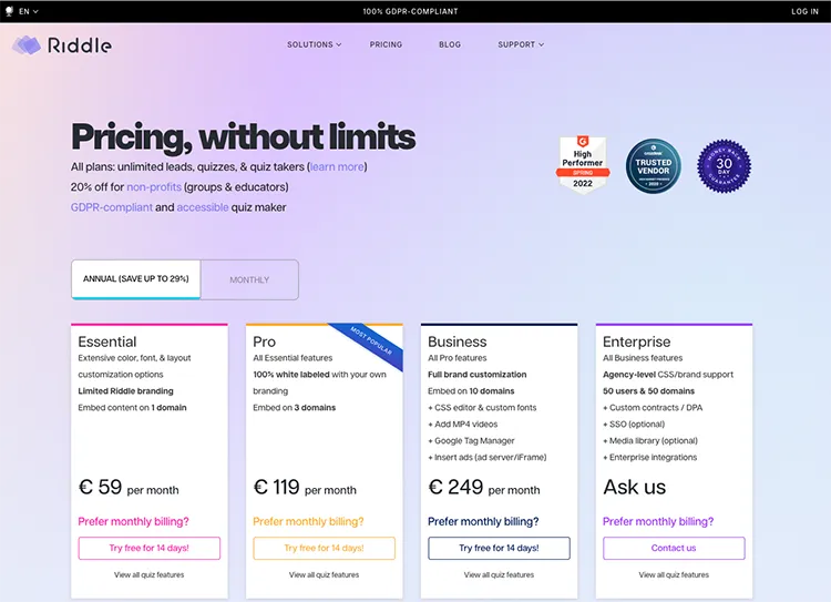 Riddle quizmaker new pricing page