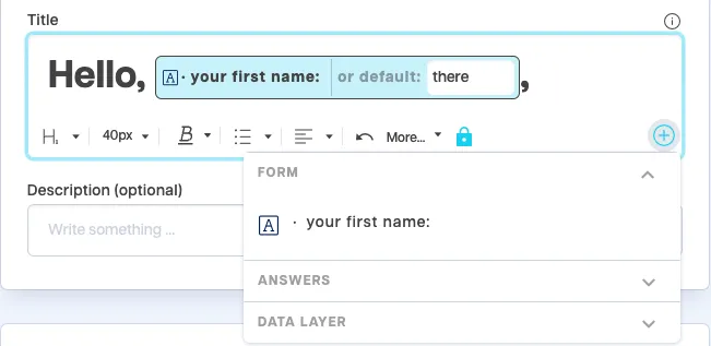 User variables to add dynamic content collected from form and other quiz blocks.