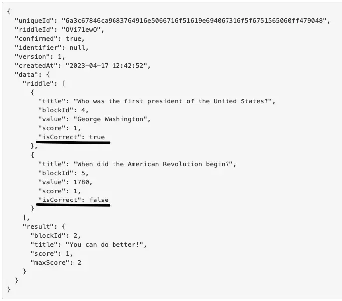 Riddle webhook quiz right wrong indicator