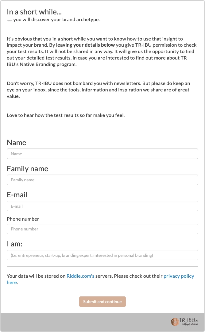 Riddle online form inside a personality test