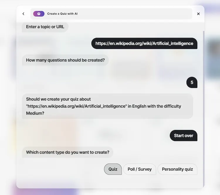Screenshot from Riddle's quiz maker - showing how to easily create a quiz or other content with AI by simply entering a URL