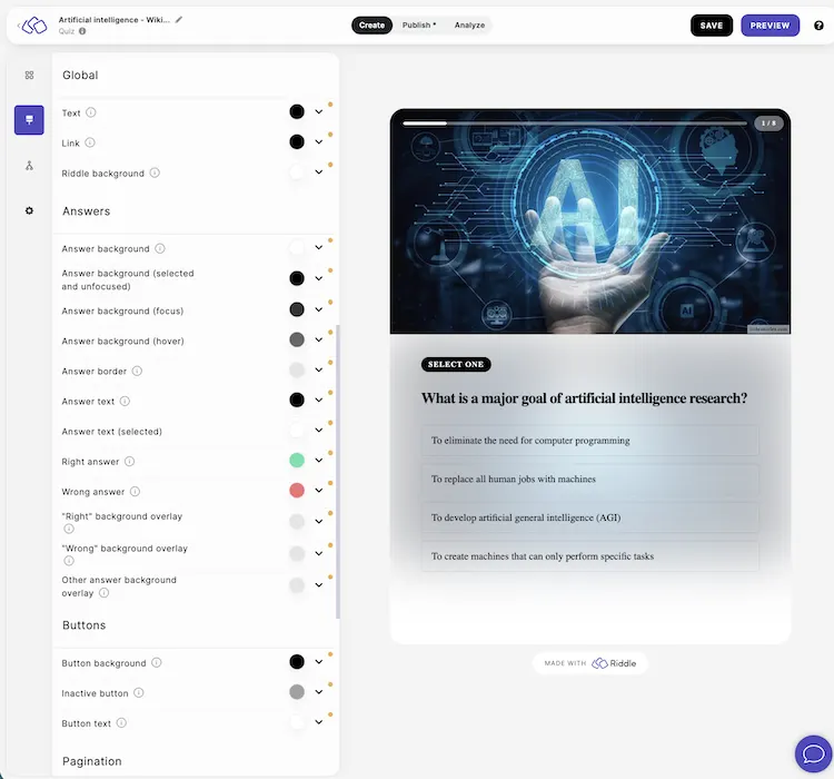 Range of standard customization options in Riddle's quiz maker - from fonts to 20+ color settings.