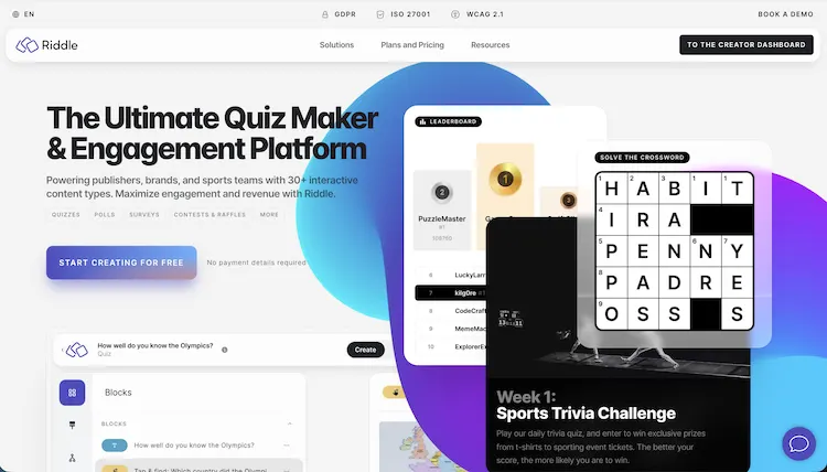 Riddle.com's home page - showing crossword, quiz, and leaderboard examples.