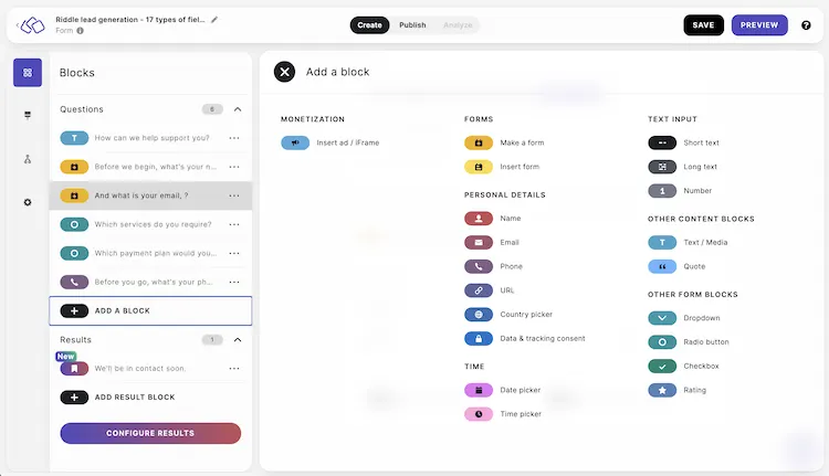Screenshot showing the 17 types of lead generation fields available with Riddle's quiz maker.