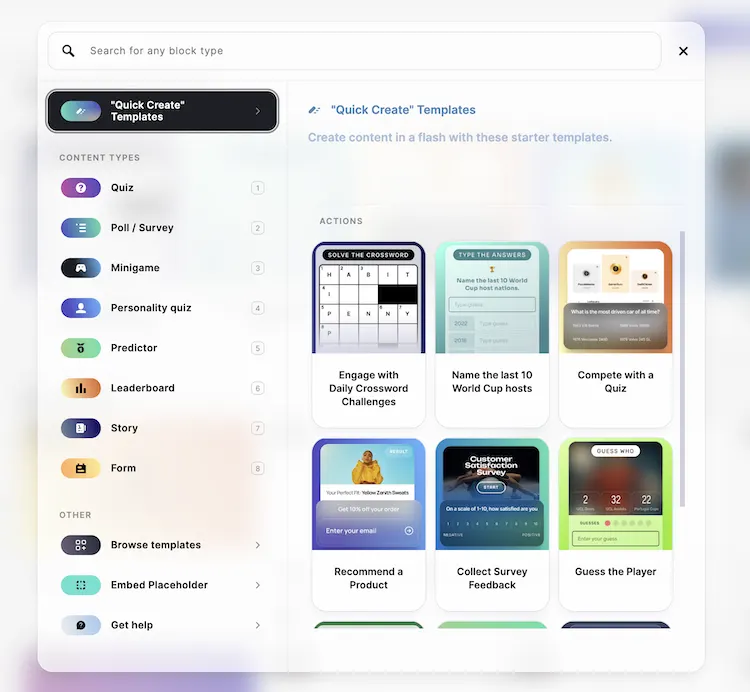 Graphic showing the 30 types of content formats and quiz create examples in Riddle's quiz maker.