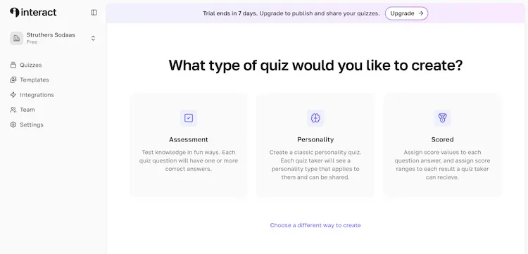 TryInteract quiz maker's limited range of formats for their quizzes - assessment, personality, and scored.