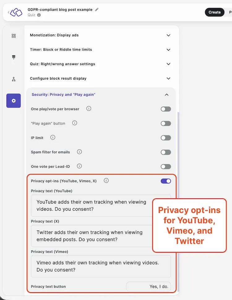 GDPR-compliant consent opt-in settings for YouTube, Vimeo, and Twitter on Riddle's quiz maker.