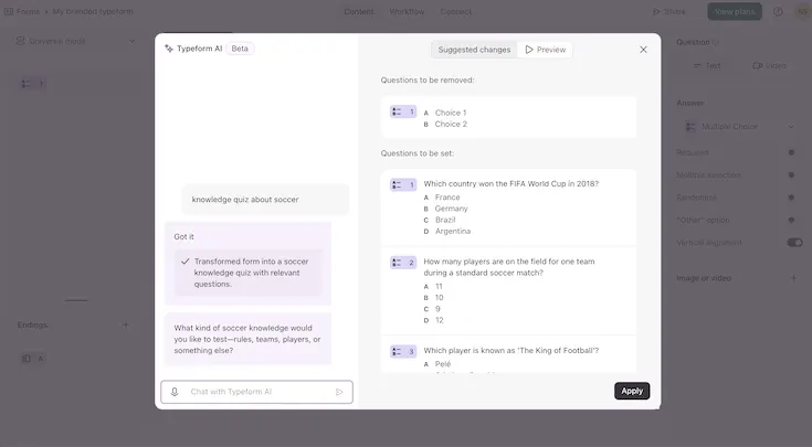 Screenshot showing Typeform's AI quiz creator