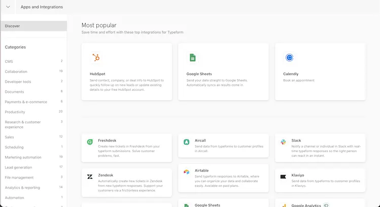 Screenshot showing Typeform's range of data integrations for leads and quiz takers