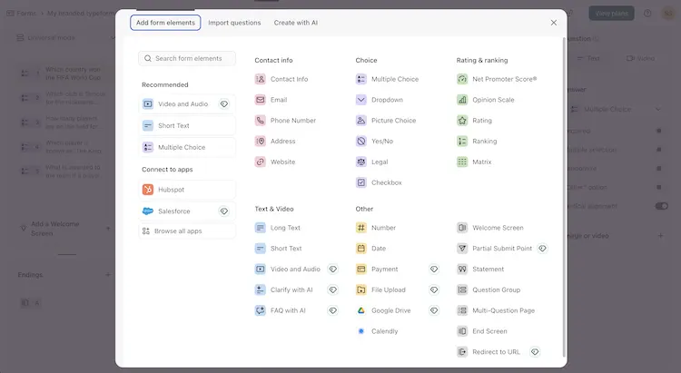 Screenshot showing Typeform's lead generation capabilities and question formats.