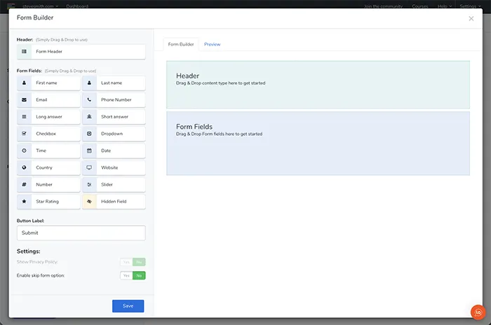 Screenshot of leadquizzes lead generation options