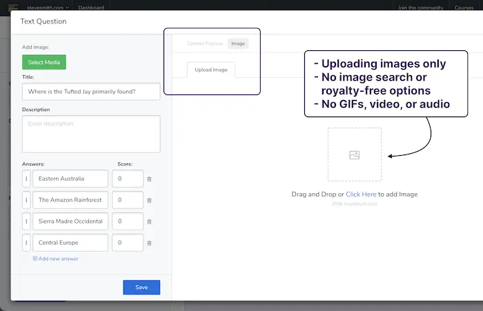 Screenshot of leadquizzes quiz maker's basic media options - only supports image uploading, no video or audio options.
