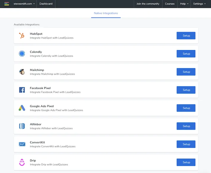 Screenshot of leadquizzes quiz maker's native integrations for lead generation