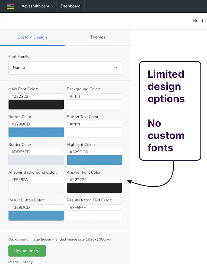 Screenshot of leadquizzes quiz maker's limited design and customization options
