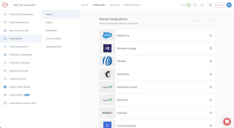 Screenshot of Outgrow's native integrations for lead generation