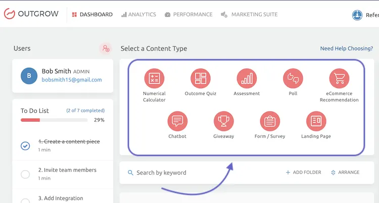 Screenshot of the quiz and other content formats available on Outgrow