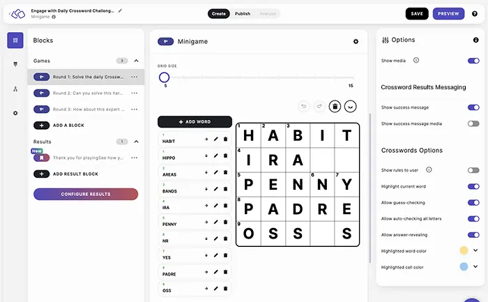 Screenshot of Riddle's crossword mini-game builder