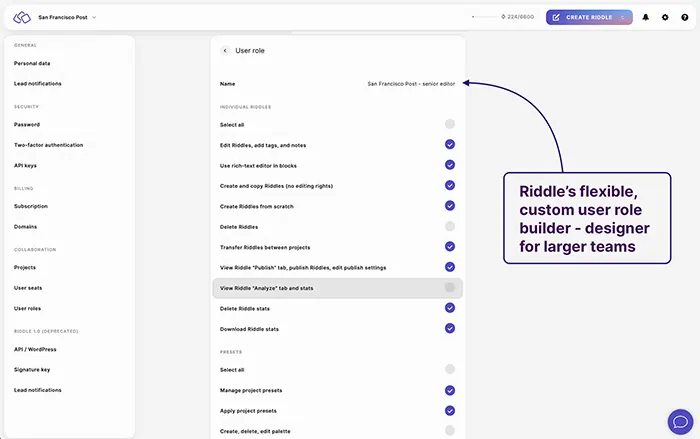 Riddle's custom user role creator - designed for larger teams