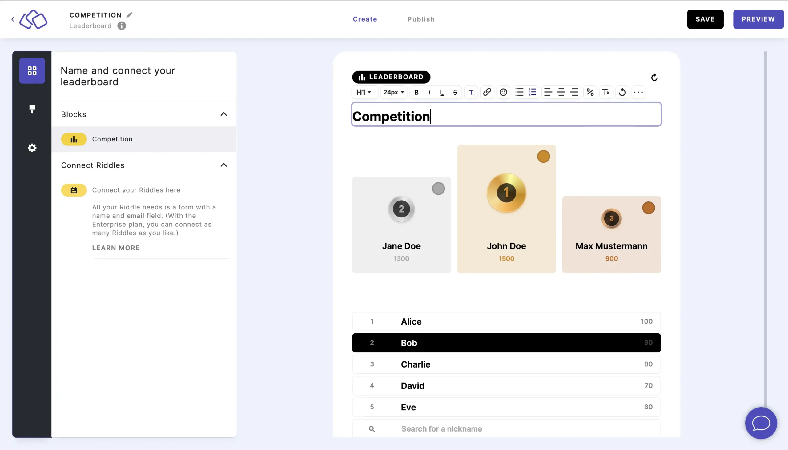 Screenshot of Riddle's leaderboard feature - for competitions and rankings on quizzes, score predictors, and mini-games