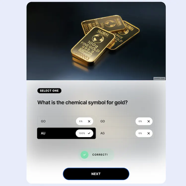 Screenshot showing example quiz from Riddle quiz maker