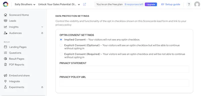 Screenshot from Scoreapp showing their data privacy and GDPR compliance options