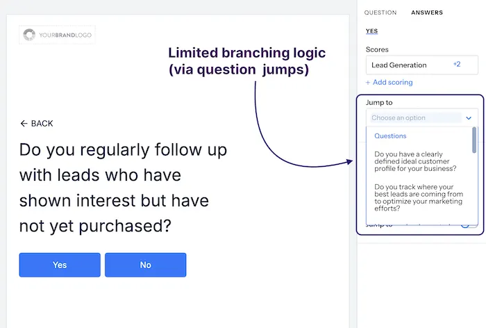 Screenshot from Scoreapp showing the basic conditional logic options in the platform