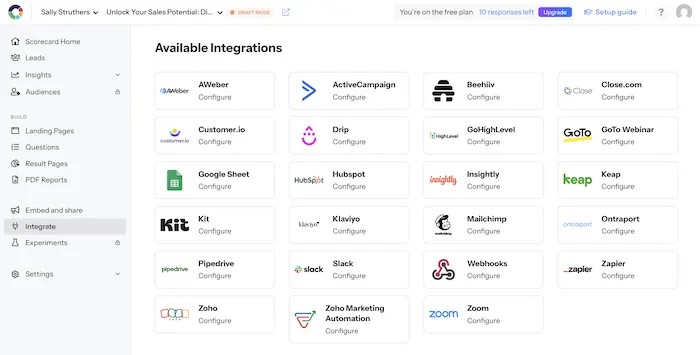 Screenshot from Scoreapp showing the native integrations for lead generation in the platform