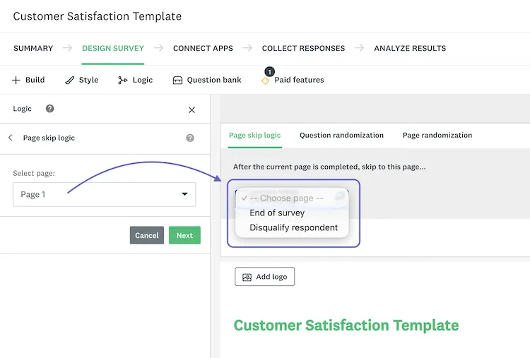 Screenshot showing branching or conditional logic feature for Survey Monkey