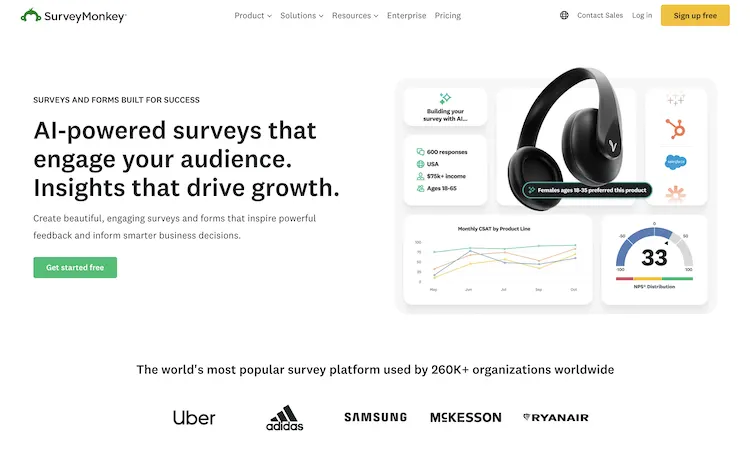 Screenshot showing home page for Survey Monkey
