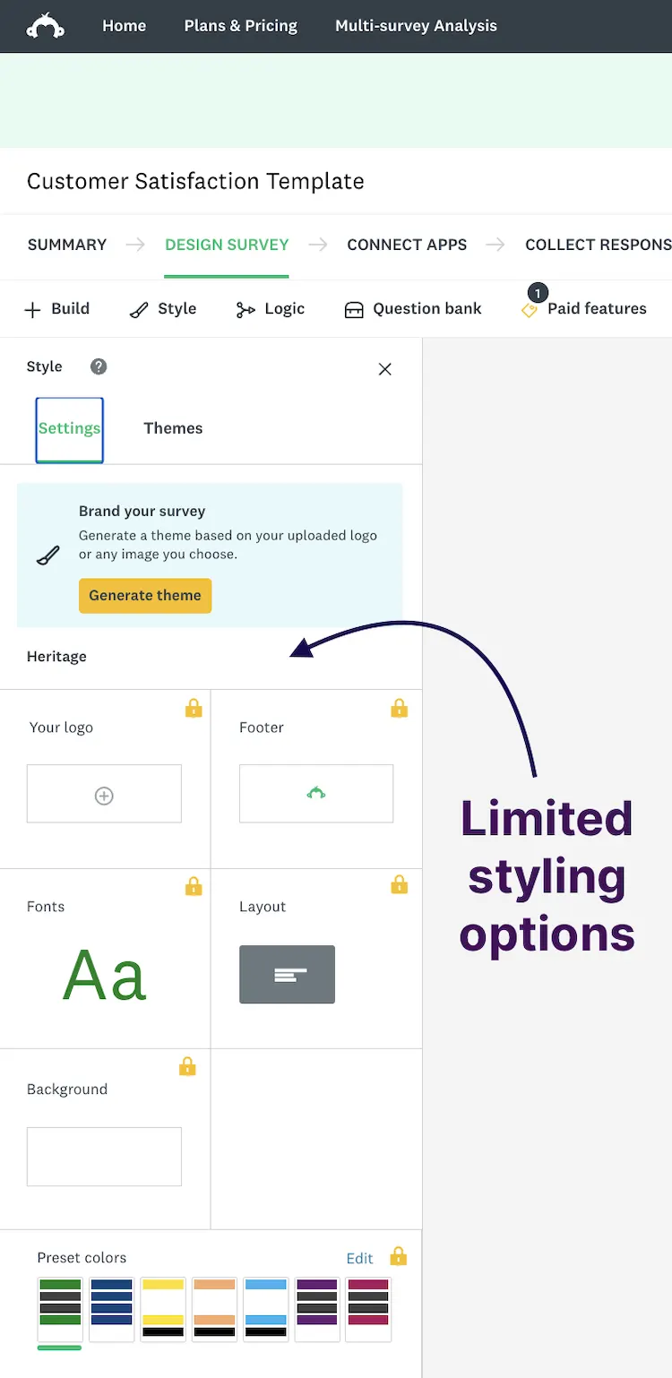 Screenshot showing limited styling and customization possibilities for Survey Monkey