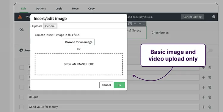 Screenshot showing basic video and photo upload options with SurveyMonkey