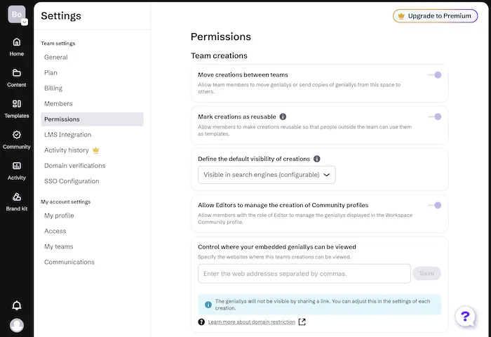 Screenshot showing Genially user collaboration and permissions