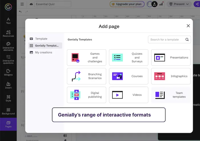 Screenshot showing Genially range of interactive formats