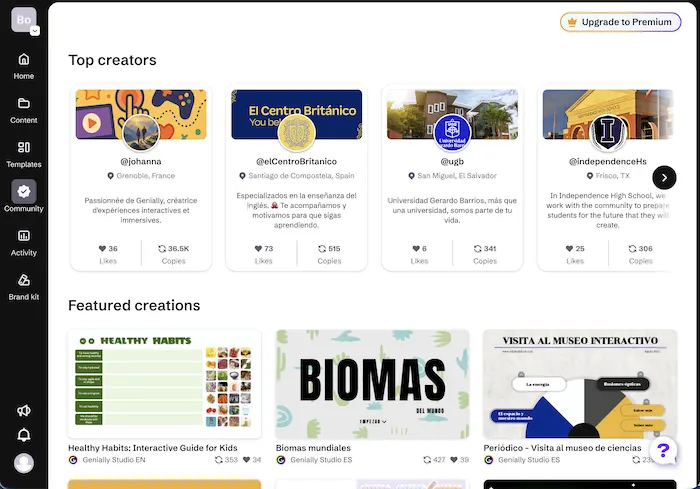 Screenshot showing Genially marketplace of quiz and game templates