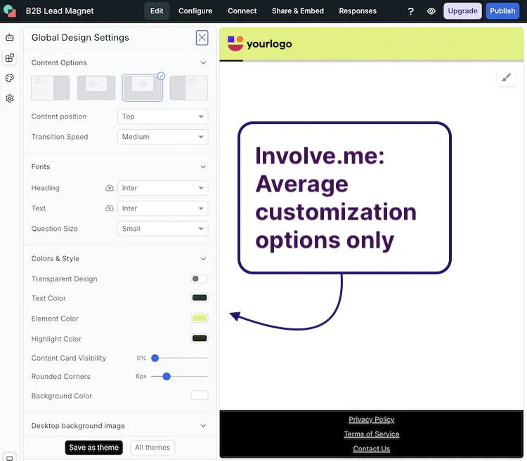 Screenshot of Involve.me's limited customization