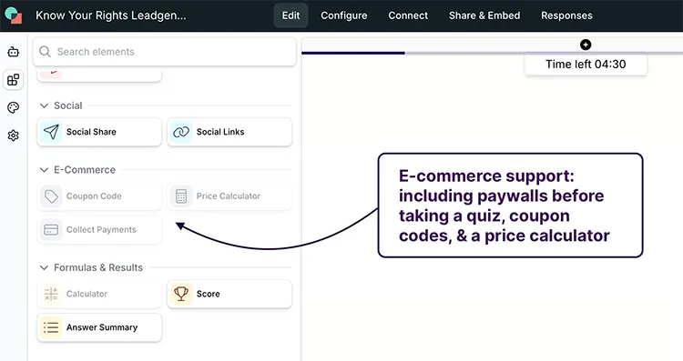Screenshot of Involve.me's e-commerce options