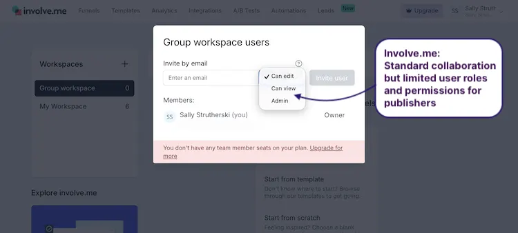Screenshot of Involve.me's standard collaboration options