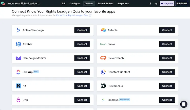 Screenshot of Involve.me's native integrations for lead generation